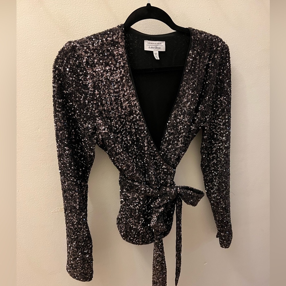 & Other Stories Black Silver Sequin Wrap Top